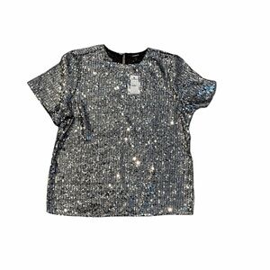 Express Silver Sequin Short Sleeve Top